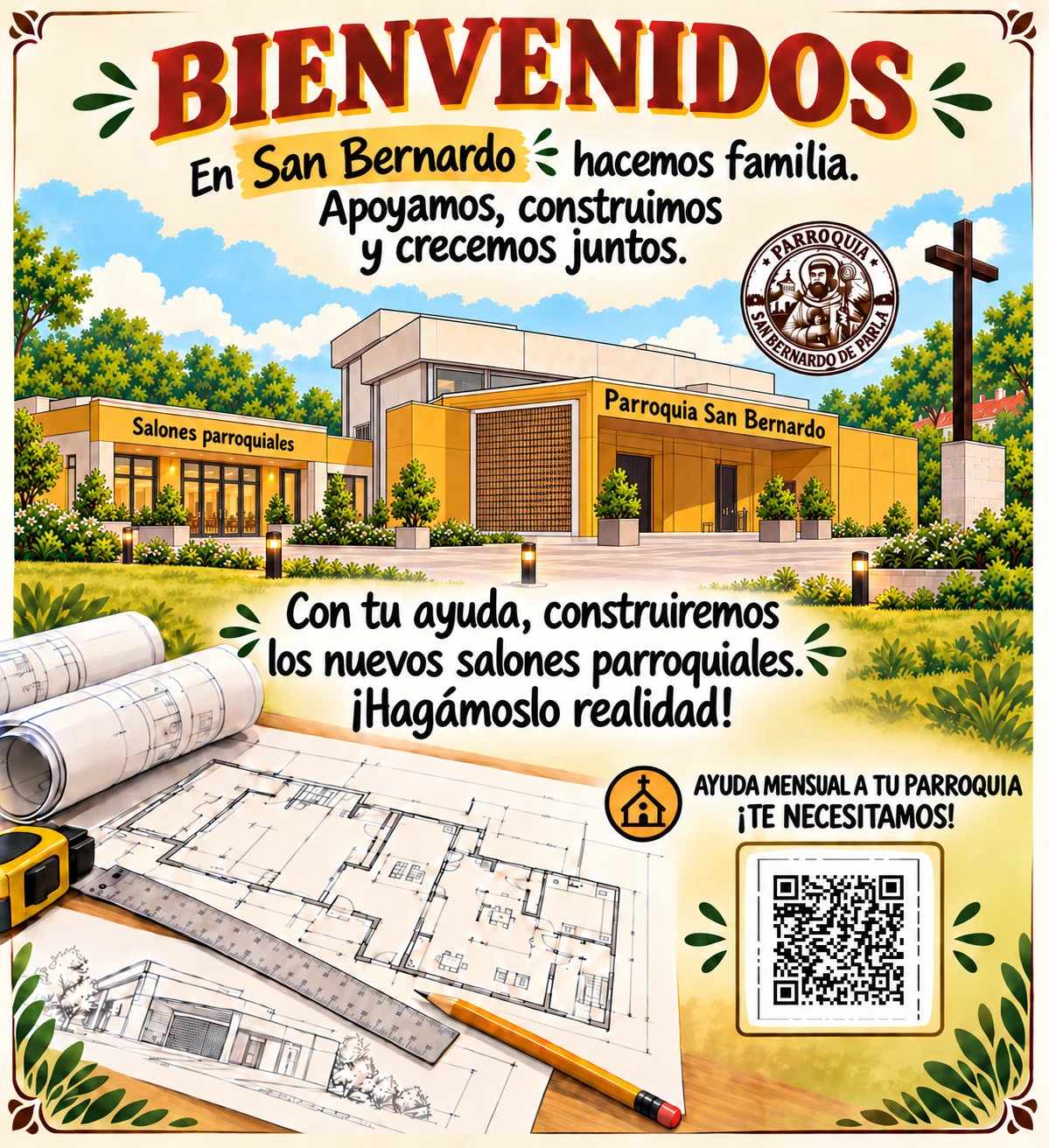 Cartel ilustrado de la campaña para colaborar con los nuevos salones parroquiales de San Bernardo