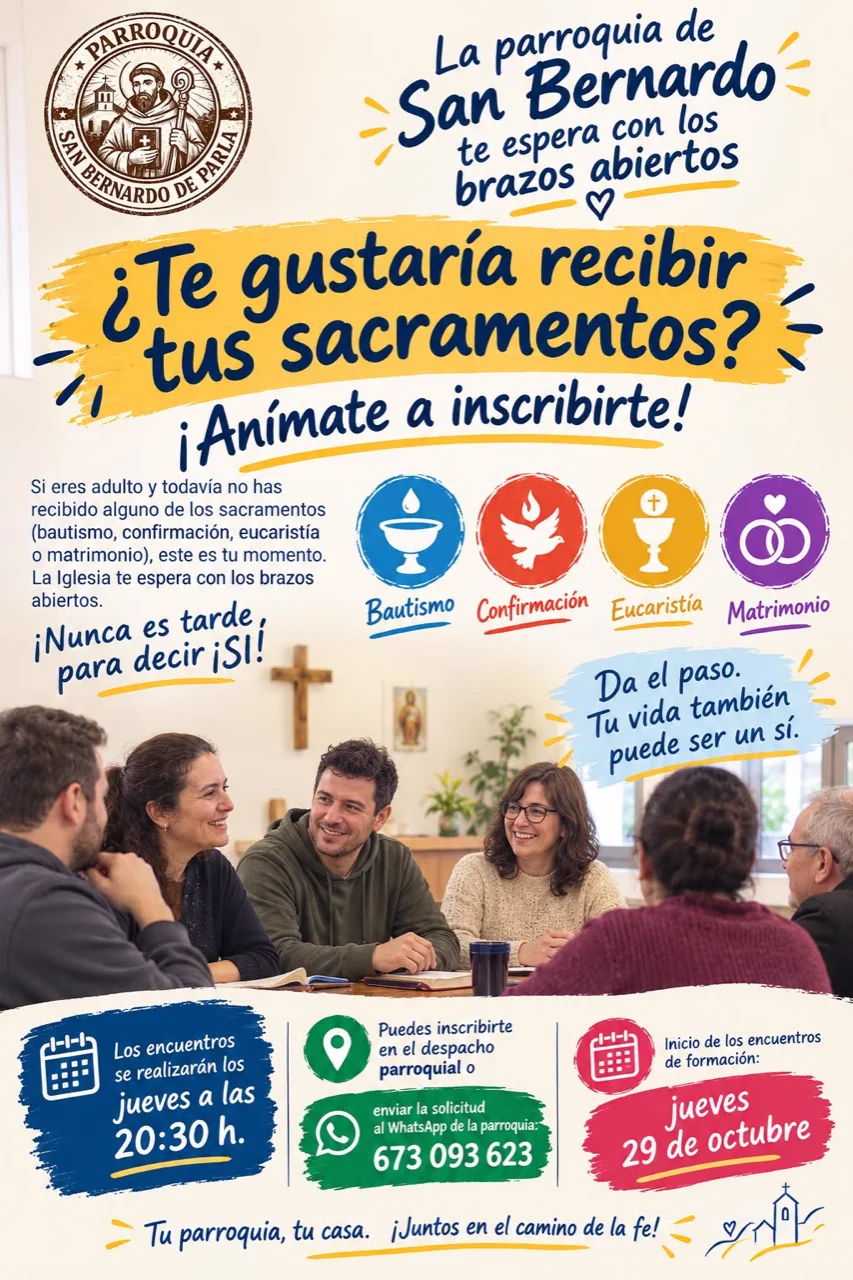 Cartel de la Parroquia San Bernardo para la preparación de sacramentos de adultos
